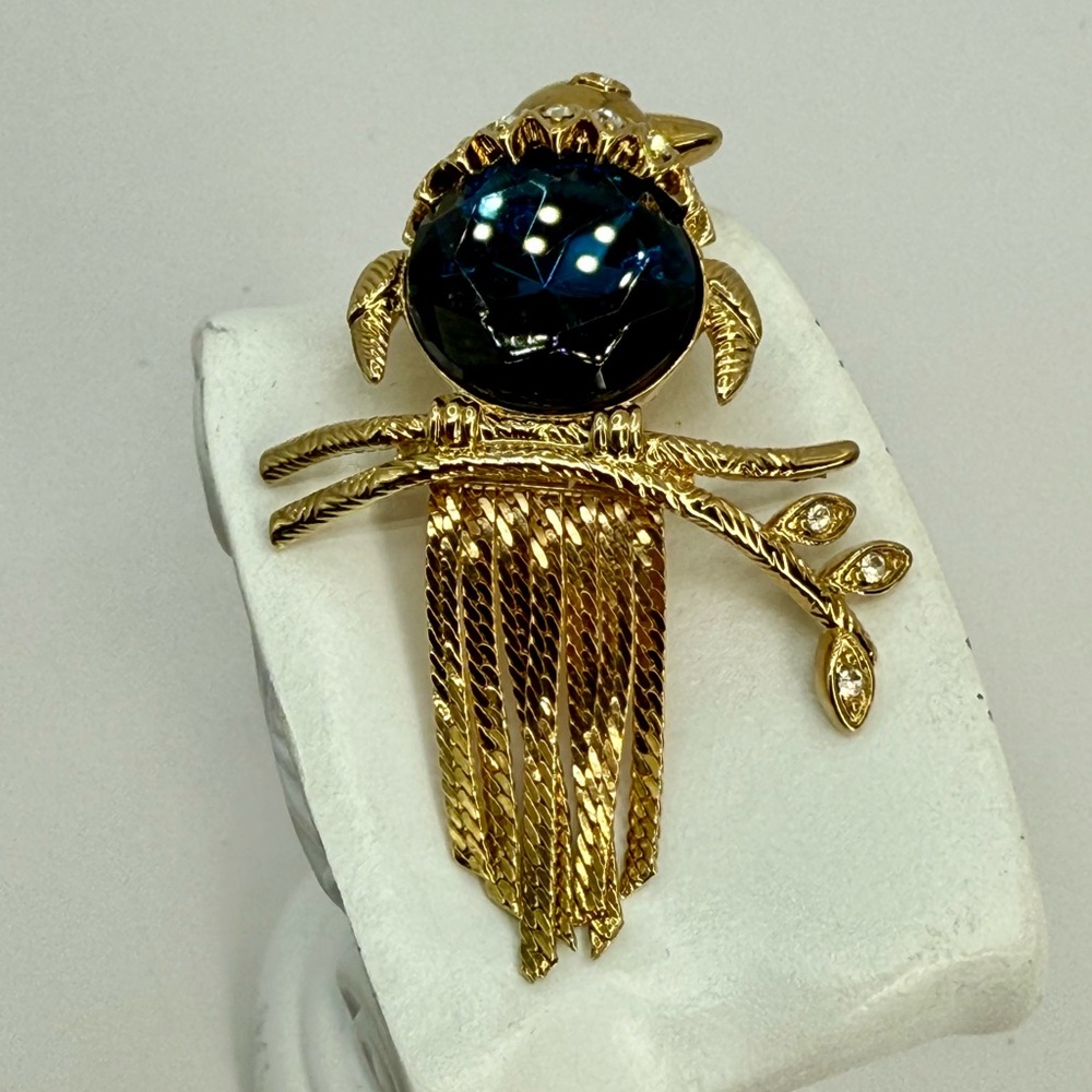 Rare Vintage Kenneth Jay Lane Bird Brooch – 1990s Signed KJL Blue Crystal Gold - Picture 6 of 17